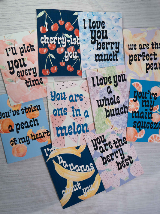 Fruit Pun Greeting Card Set | Watercolor Art Cards | Set of 10 Punny Cards | Love, Friendship & Everyday Cards