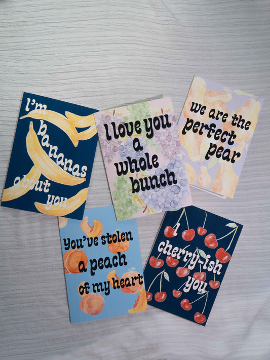 Romantic Greeting Card Set | Watercolor Love Cards | Set of 5 Fruit Pun Cards | Valentine's Day, Anniversary, Love Notes |