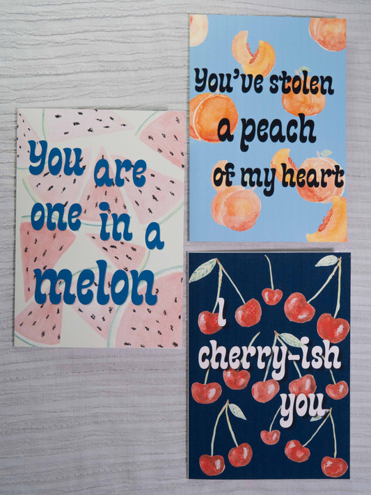 Small Greeting Card Set | Watercolor Art Cards | Set of 3 Punny Fruit Cards | Summer, Spring & Everyday Cards